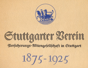Die Festschrift von 1925 feiert das 50. Jubiläum des Allgemeinen Deutschen Versicherungsvereins Stuttgart. Er wurde am 10. Dezember 1874 zunächst als Genossenschaft ins Leben gerufen. Die eigentliche Geschäftstätigkeit begann 1875. 1879 erfolgte die U