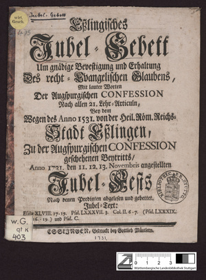 Titelbild der Esslinger Jubiläumsschrift (Foto: Württembergische Landesbibliothek w.G.qt.K403)