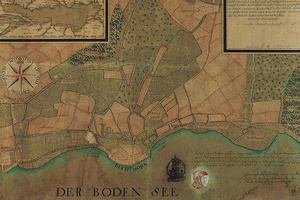 „Grundriß der Stadt Buchhorn und selbiger Gegend“, 1755 von Friedrich Gradmann, 59 x 63 cm. Salz- und Handelswege waren für die Reichsstädte von großer Bedeutung. Die repräsentative Darstellung Buchhorns – heute Friedrichshafen – unterstreich