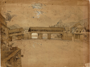 Die alte Säckinger Rheinbrücke zeichnete Scheffel im Mai 1850, zu Beginn seiner Säckinger Zeit. (Foto: Oberheinisches Literaturarchiv Karlsruhe, Scheffel 2076)